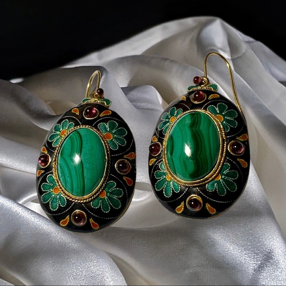 Vermeil Enamel Malachite & Garnet Cab Earrings